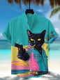 Men's Japanese Retro Art Black Cat Print Shirt Short Sleeve Stand Up Collar Single Breasted Casual Linen Top for Vacation