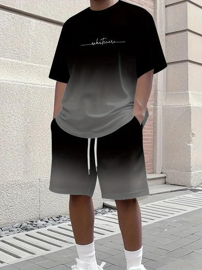 Summer Gradient Color Athletic T-Shirt and Shorts Set Stylish Men's Quick-Dry Athletic Short-Sleeve Top with Drawstring Shorts