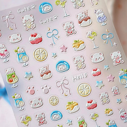 5D Pudding Jelly Dessert Fruit Cherry Pink Claw Print Bowknot Tie knot Love Heart Stars Nail Art Sticker Adhesive Manicure Decal