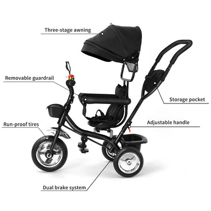 Baby scalable Tricycle 1 to 5 years, bike for elderly plus children, reversible seat, large basket and bag, larger wheels, with thrust handle, green/pink/black/red/blue/gray