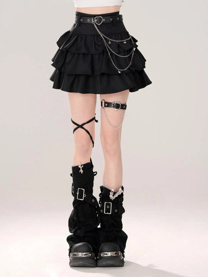 Belt Metal Chain Punk Mini Skirts for Women Summer High Waist Pleated Black Cake Skirt Woman Streetwear A Line Short Skirt Mujer