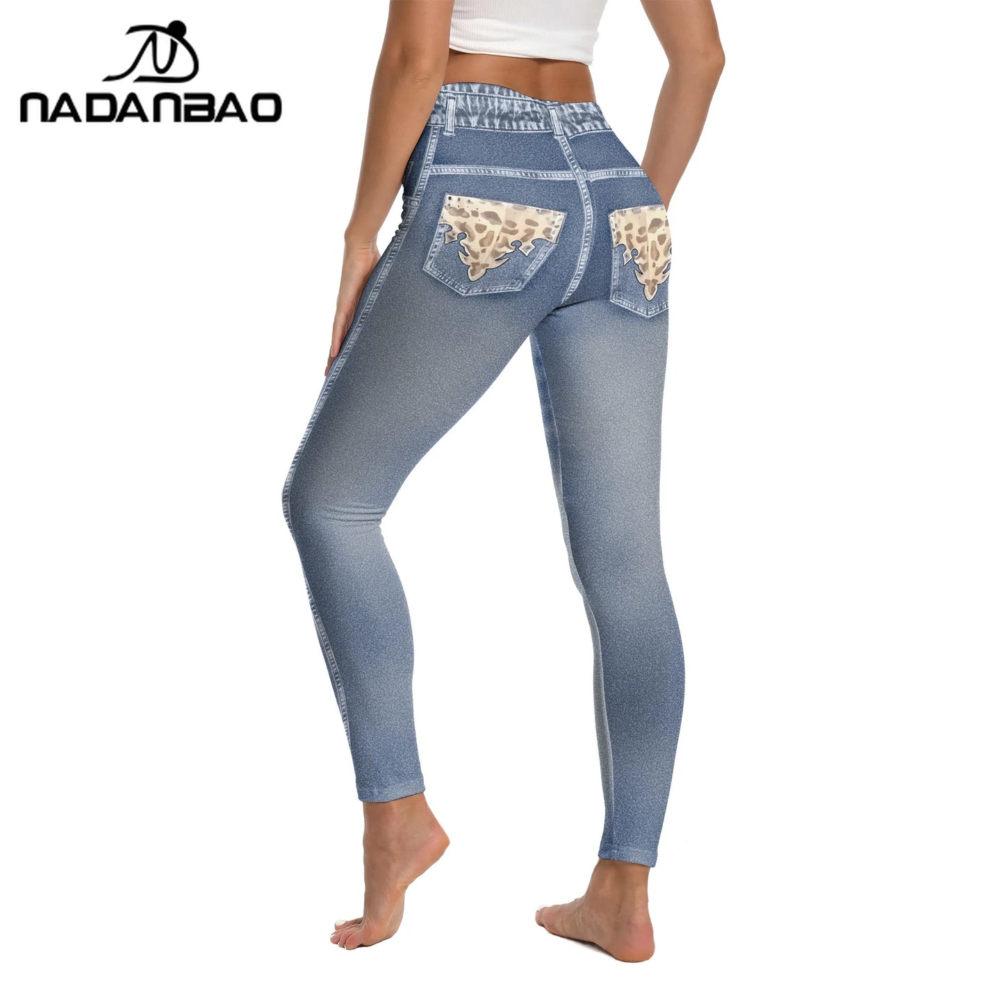 Nadanbao 3D Jeans Print Leggings Women Blue Grey Denim Pattern Pants Soft Slim Tights Sports Fitness Trousers Casual Streetwear