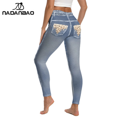 Nadanbao 3D Jeans Print Leggings Women Blue Grey Denim Pattern Pants Soft Slim Tights Sports Fitness Trousers Casual Streetwear