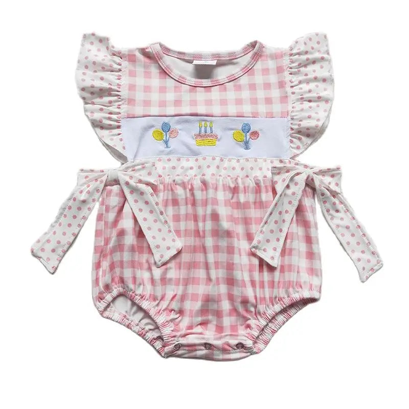 Wholesale Baby Girl Newborn Birthday Balloons Romper Bubble Embroidery Pink Plaid Bows Jumpsuit Kids Toddler Summer Clothes