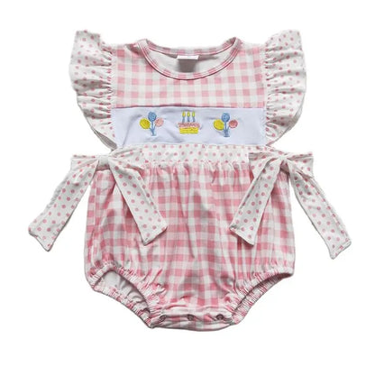 Wholesale Baby Girl Newborn Birthday Balloons Romper Bubble Embroidery Pink Plaid Bows Jumpsuit Kids Toddler Summer Clothes