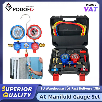 Podofo AC Manifold Gauge Set Car Air Conditioning Refrigerant Charging Tool AC Manifold Gauge Set with Hoses with Storage Box
