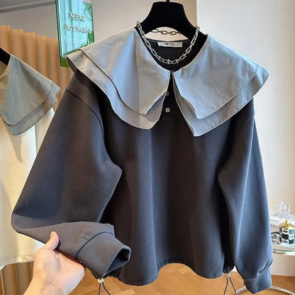 Women Trend Double-Layer Peter Pan Collar Cute Sweet Sweatshirt Casual Streetwear Y2K Oversized Hoodie Long Sleeve Pullover Tops