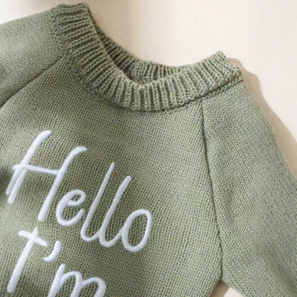 Ylsteed "Hello" Embroidery Knitting Newborn Birth Announcement Outfits Footed Jumpsuit Baby Boy Girl Photography Props Newborn