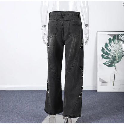 Female Vintage Leather Pocket Jeans Women Blue Zipper Straight Loose Trousers Lady New Fashion Daily Casual Spring Pants 2026