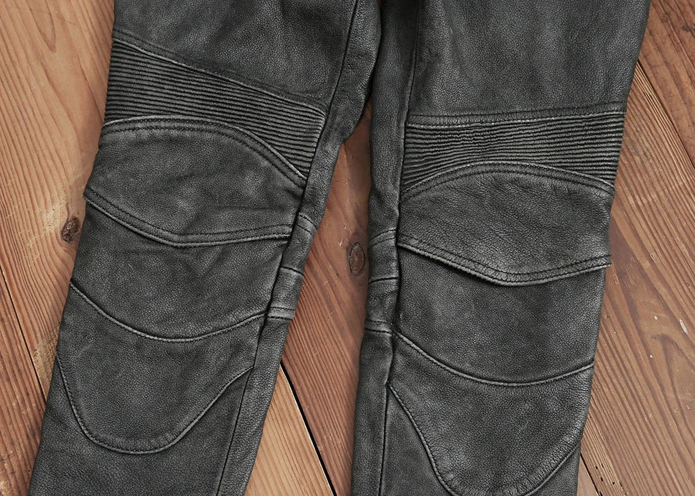 Men's Vintage Gray Black Motorcycle Style Trousers Genuine Thick Cowhide Biker's Pants Real Natural Leather Skinny Pants 4XL