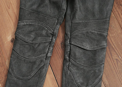 Men's Vintage Gray Black Motorcycle Style Trousers Genuine Thick Cowhide Biker's Pants Real Natural Leather Skinny Pants 4XL