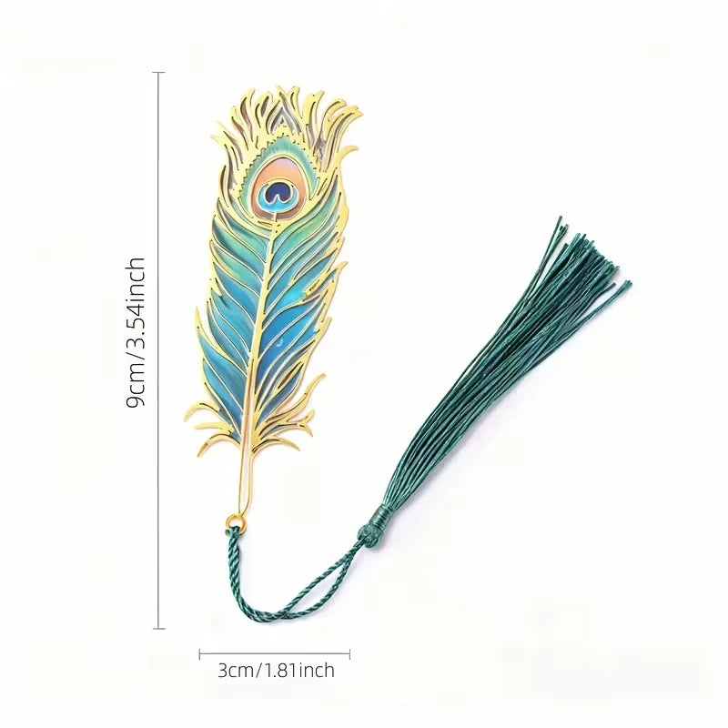 Chinese Style Metal Bookmark with Translucent Peacock Feather & Tassel - Vibrant Colors, Ideal Gift for Teachers/Students