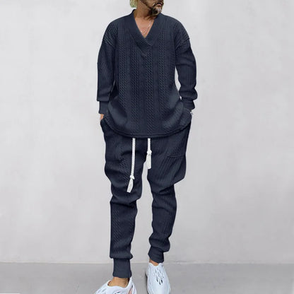 2025 Cross-border New Men's Casual Trousers V-Neck Versatile Jacquard Knitted Sweater Set