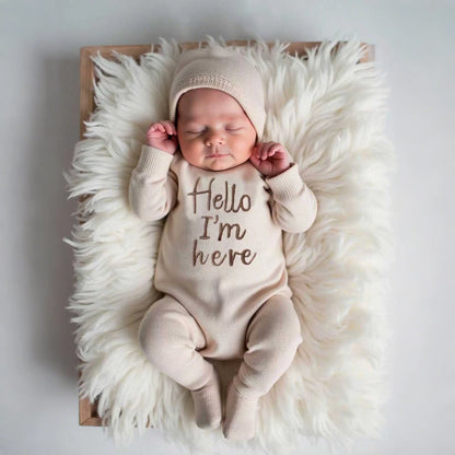 Ylsteed "Hello" Embroidery Knitting Newborn Birth Announcement Outfits Footed Jumpsuit Baby Boy Girl Photography Props Newborn