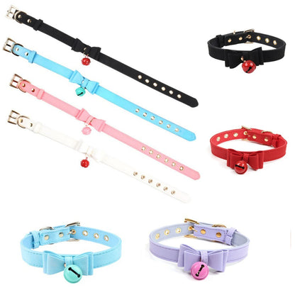 6 Colors Sexy PU Leather Bowknot Necklace Collar With Bell Bdsm Cosplay Slave For Women Bondage Gothic Choker Exotic Accessories