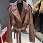 YOLOAgain Vintage Grain Leather Jacket Women Real Leather Sheepskin Jacket With Belt