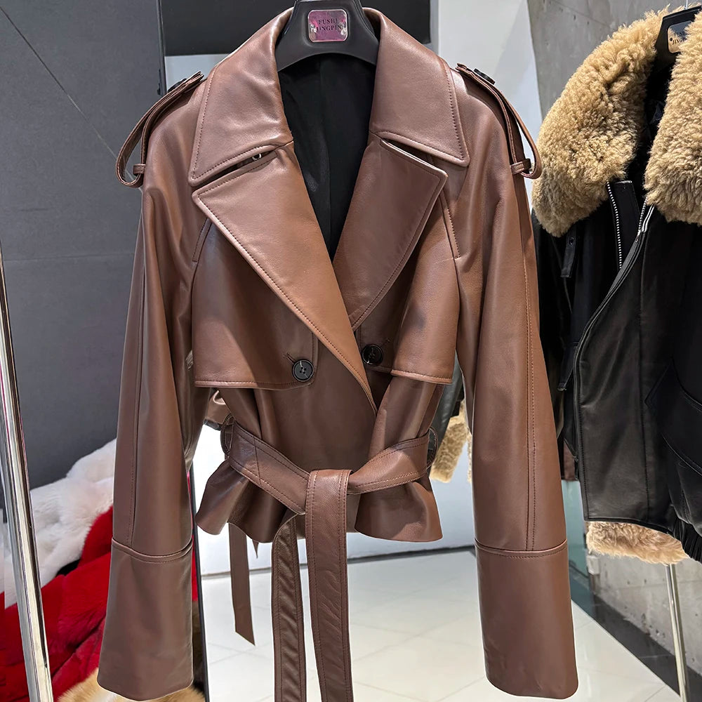 YOLOAgain Vintage Grain Leather Jacket Women Real Leather Sheepskin Jacket With Belt