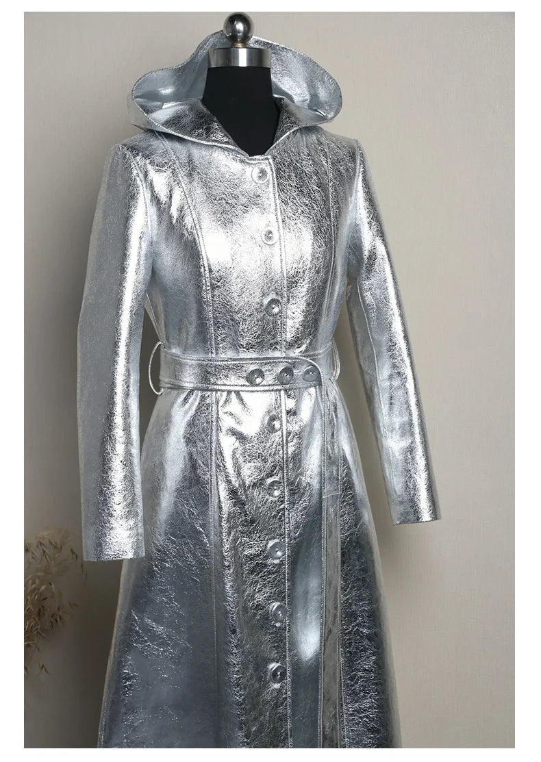 Lautaro Spring Autumn Extra Long Cool Silver Shiny Reflective Pu Leather Trench Coat for Women with Hood Luxury Runway Fashion