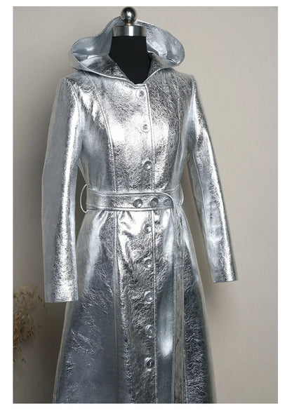 Lautaro Spring Autumn Extra Long Cool Silver Shiny Reflective Pu Leather Trench Coat for Women with Hood Luxury Runway Fashion