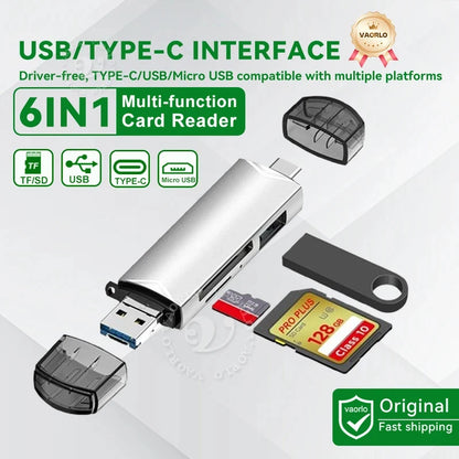 6-in-1 USB 3.0 & Type-C Card Reader OTG – Multi-function SD/TF/Micro SD Card Adapter with USB 3.0 Port, High Speed Data Transfer