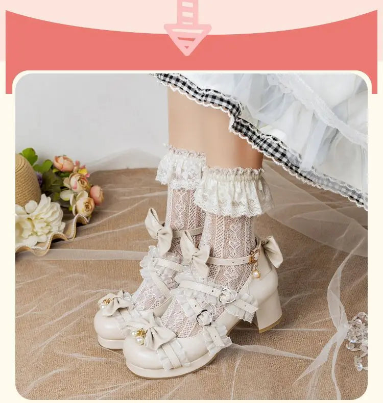 NASBAVI White Lace Bow Cosplay High Heels Women Cross Strap Buckle Platform Mary Jane Shoes Female Party Princess Lolita Pumps