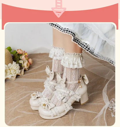 NASBAVI White Lace Bow Cosplay High Heels Women Cross Strap Buckle Platform Mary Jane Shoes Female Party Princess Lolita Pumps