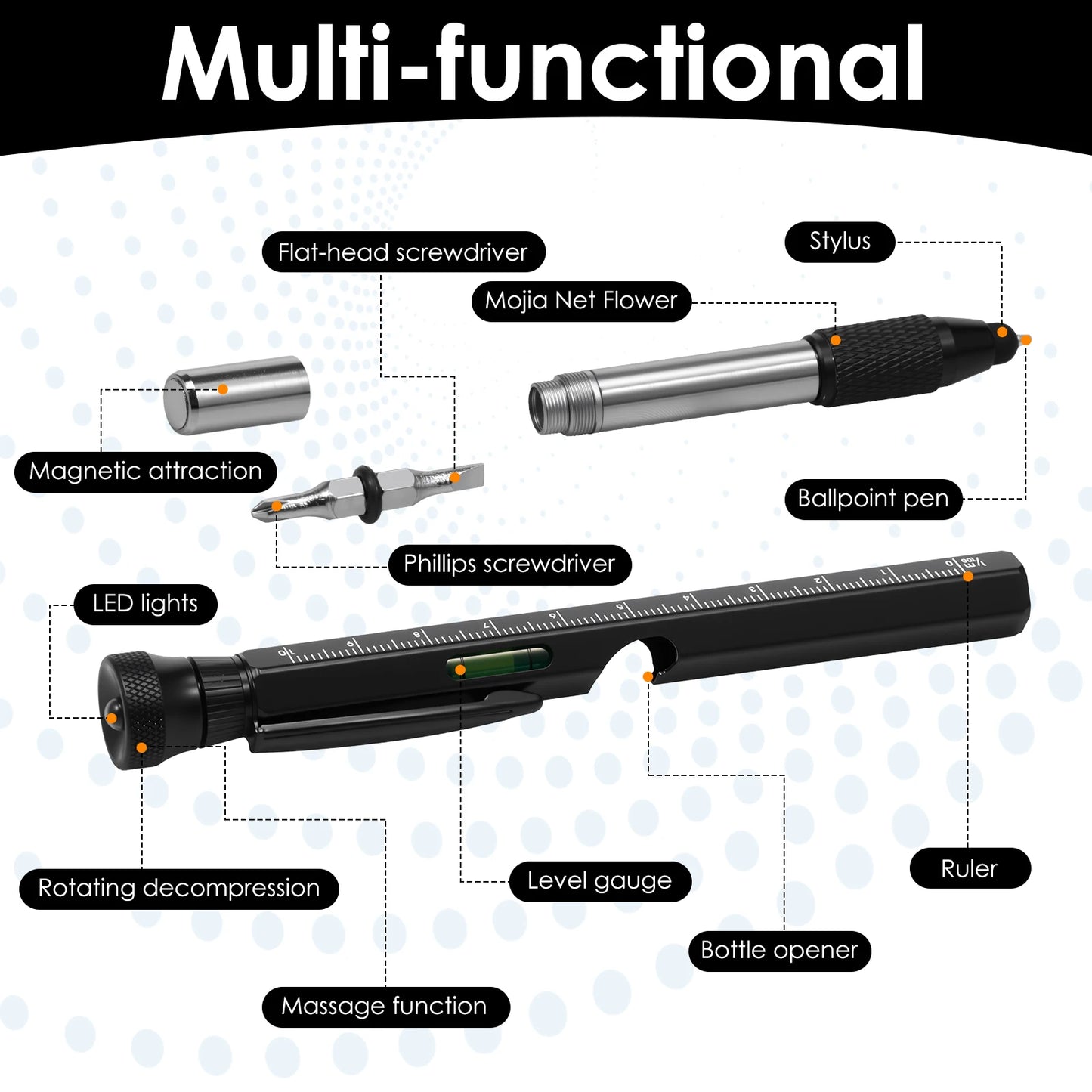 12 In 1 EDC Multi Tool Pen with LED Light Level Bottle Opener Touchscreen Stylus and Screwdriver Father's Day Men Gadgets Gifts