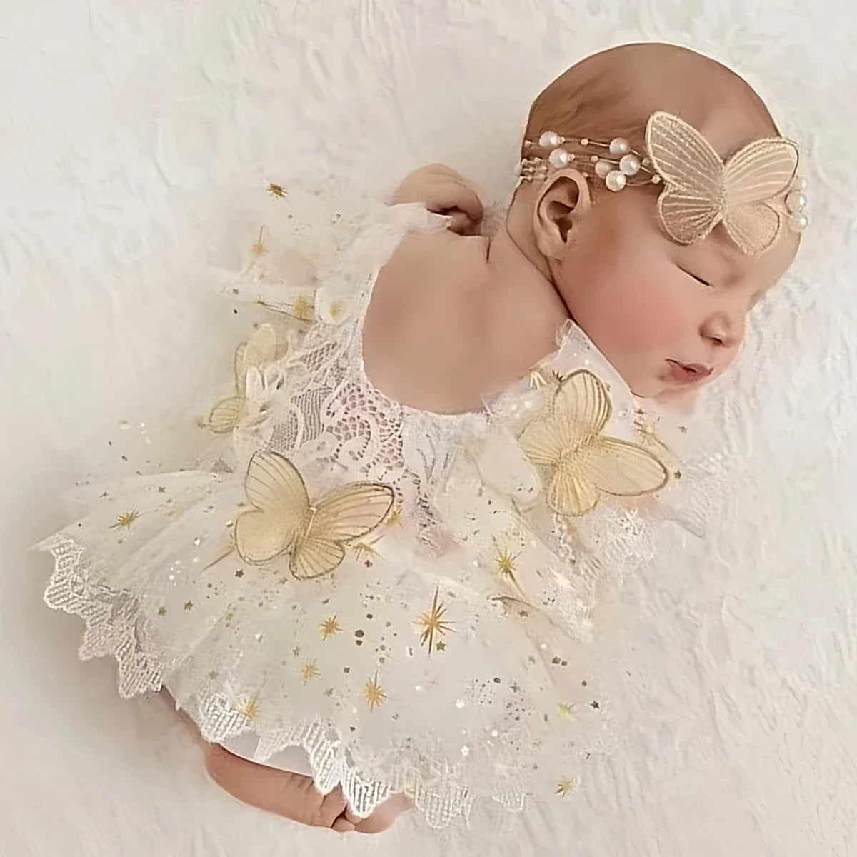 Baby Girl Outfit  Newborn Photography Princess Tutu Butterfly Glitter Star Lace Romper with Pearl Headband Infant Photo Props