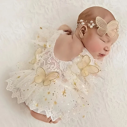Baby Girl Outfit  Newborn Photography Princess Tutu Butterfly Glitter Star Lace Romper with Pearl Headband Infant Photo Props
