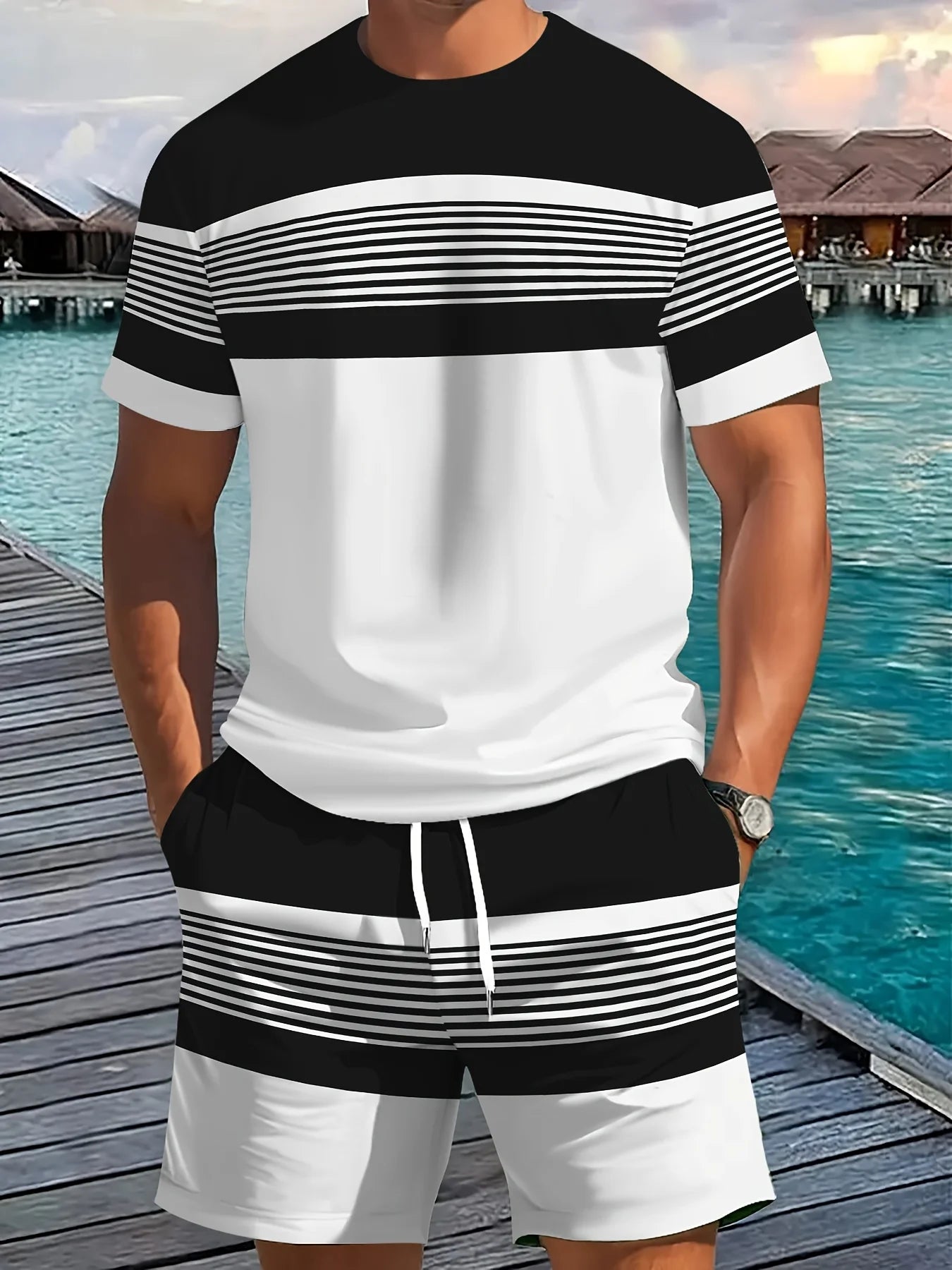 2026 Summer New Arrival Men's Casual Two-Piece Set Striped Print Short-Sleeve Shirt and Athletic Shorts Set Men's Fitness Set