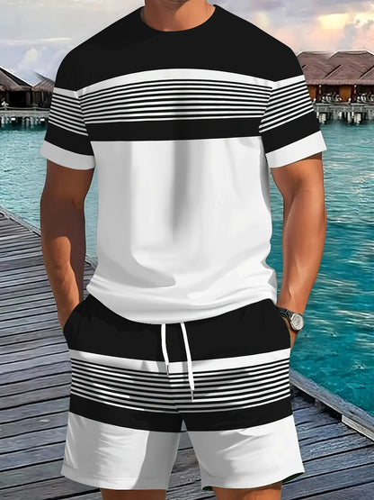 2026 Summer New Arrival Men's Casual Two-Piece Set Striped Print Short-Sleeve Shirt and Athletic Shorts Set Men's Fitness Set