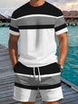 2026 Summer New Arrival Men's Casual Two-Piece Set Striped Print Short-Sleeve Shirt and Athletic Shorts Set Men's Fitness Set