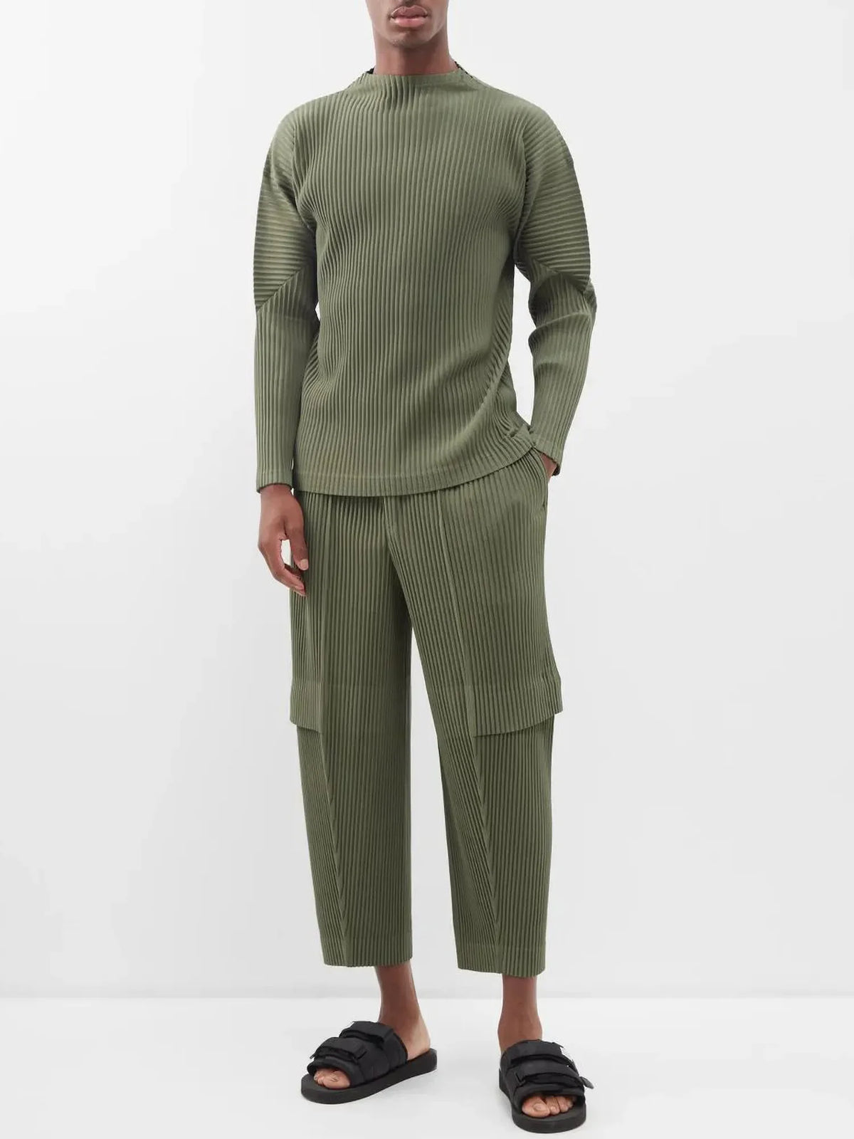 Miyake Pleated Men Cargo Pants Pleated Straight Pants Loose Overalls Men Baggy Black Trousers Fashion Casual Streetwear Pants