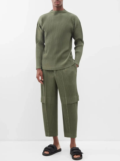 Miyake Pleated Men Cargo Pants Pleated Straight Pants Loose Overalls Men Baggy Black Trousers Fashion Casual Streetwear Pants