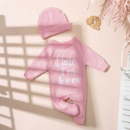 Ylsteed "Hello" Embroidery Knitting Newborn Birth Announcement Outfits Footed Jumpsuit Baby Boy Girl Photography Props Newborn