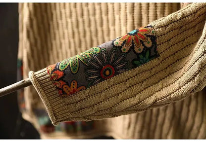 Winter Fall Fashion Vintage Sweater Women's O-neck Loose Casual Lazy-style Casual Pullover Tops Flower Print Patchwork Knitwear
