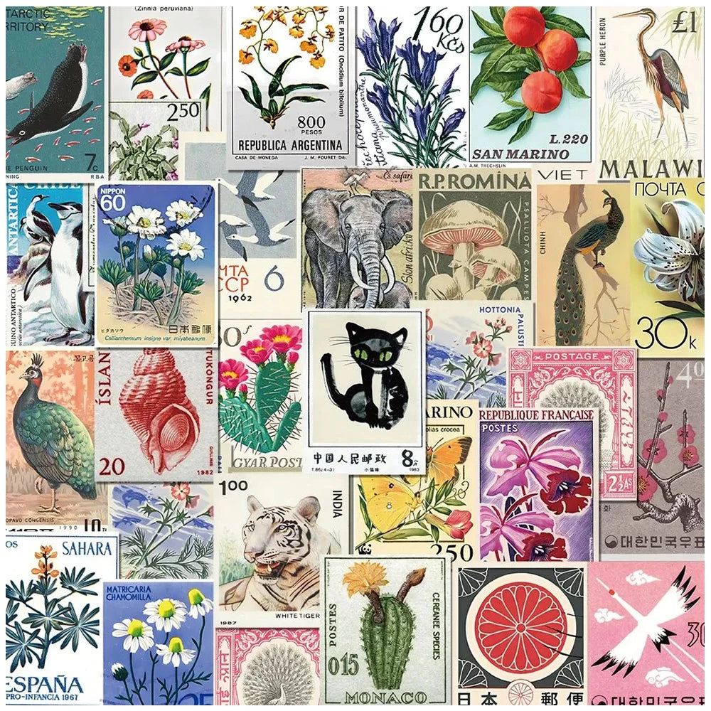 10/30/50pcs Retro Stamp Cartoon Stickers Vintage Postcard Decals DIY Stationery Fridge Suitcase Waterproof Sticker Packs