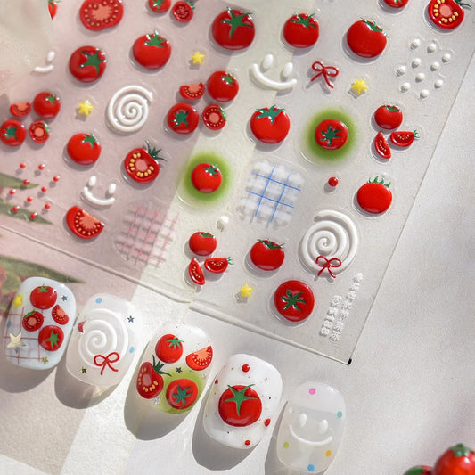 Juicy Red Jelly Tomato Nail Art Sticker Cute Bowknot Glitter Star Kawaii 5D Fruit Self Adhesive Nail Art Decals for Summer DIY