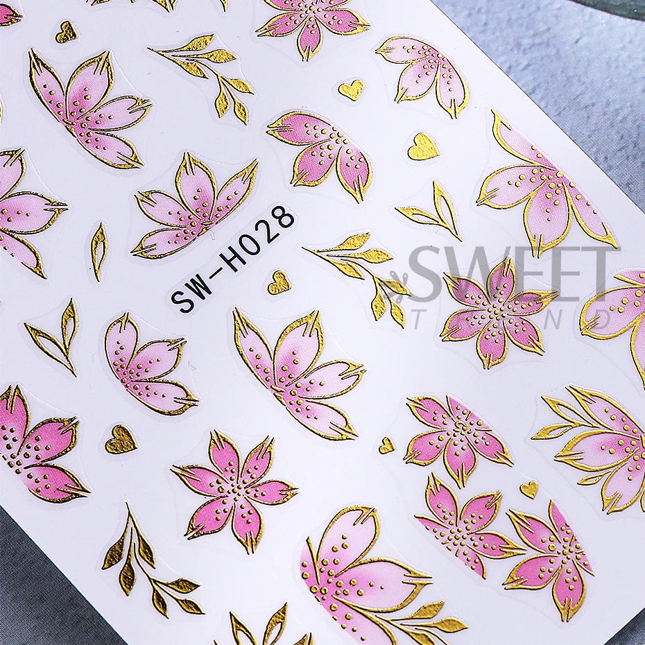 2/3pcs Golden Pink Hibiscus Flower Nail Stickers 3D Bronzing Border Petals Sakura Line Sliders Nail Decals DIY Manicure Decor