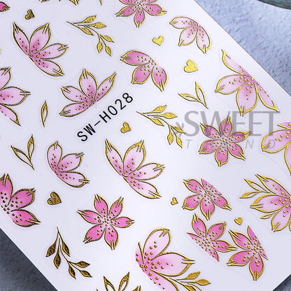 2/3pcs Golden Pink Hibiscus Flower Nail Stickers 3D Bronzing Border Petals Sakura Line Sliders Nail Decals DIY Manicure Decor