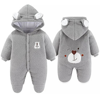 Cute Plush Bear Baby Boy Romper Infant Girl Overall Jumpsuit Autumn Winter Warm Fleece Hooded Baby Rompers Newborn Clothes 0-12M