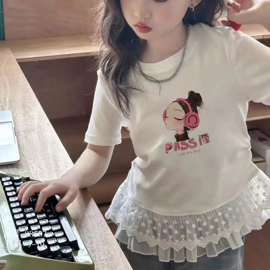 Childrens clothing baby girls summer casual lace t-shirt 2025 short sleeved Lace splicing new white tops 3-12 kids clothes