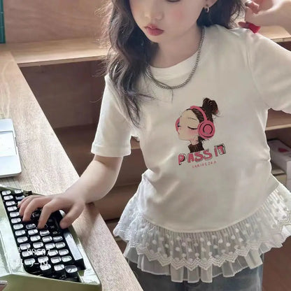 Childrens clothing baby girls summer casual lace t-shirt 2025 short sleeved Lace splicing new white tops 3-12 kids clothes
