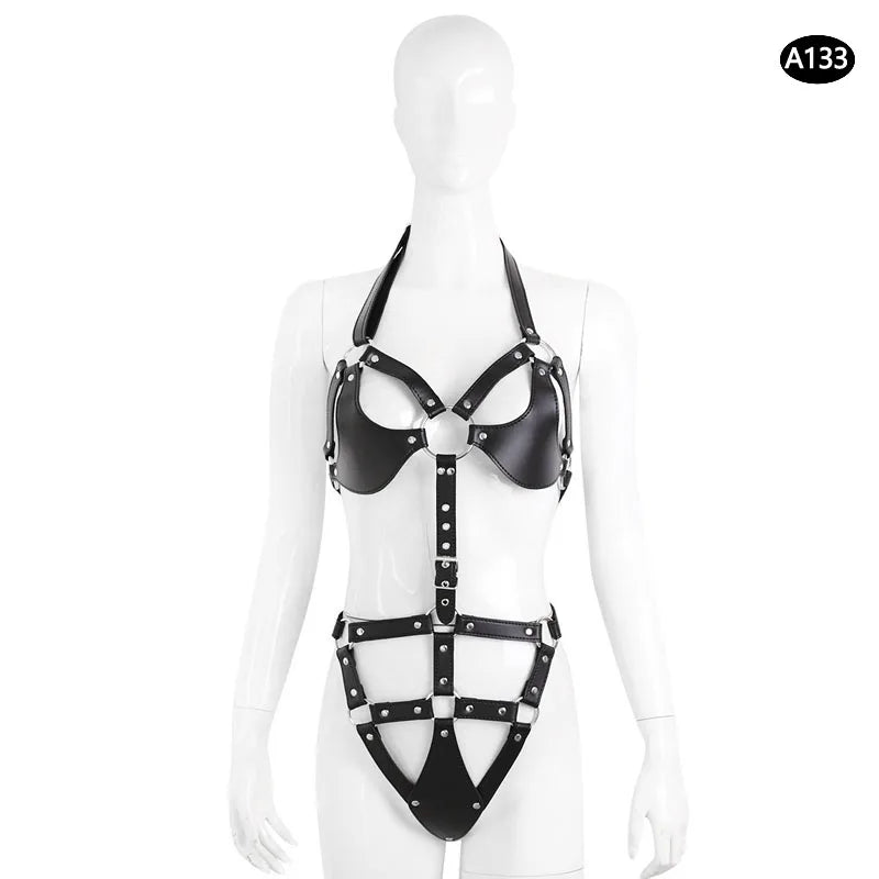 Bondage Harness Metal Leather Clothes Sexy Lingerie Bra Panty Adult Games Restraints Fetish Wear Erotic Costume BDSM Sex Toys