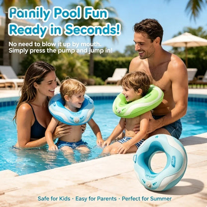 No Mouth Blowing Swimming Tube with Integrated Pump - Press to Inflate in Seconds! 2 Colors (Blue/Green) for Pool, Beach & Lake