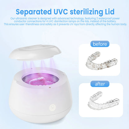 KUNPHY UV Light Ultrasonic Retainer Cleaner 200ML Denture Cleaner for Aligner Night Guard Braces Toothbrush Dental Appliances