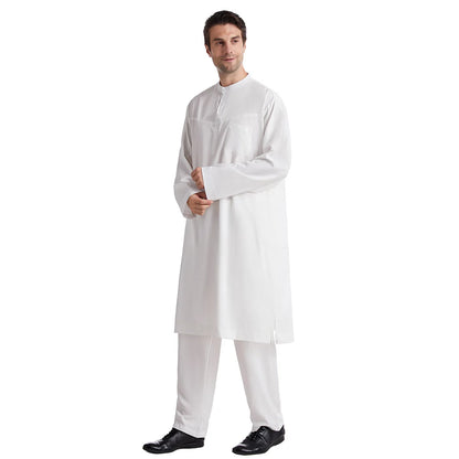Muslim Men Jubba Thobe 2 Pice Set Top with Pant Mens Abaya Long Islamic Eid 2025 Ramadan Long Robe Saudi Wear Caftan Dubai Arab