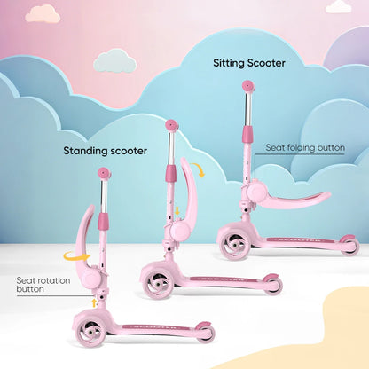 Sejoy Kick Scooter for Kids with 3-Wheeled Adjustable Lean-to-Steer Handlebar Foldable Seat - Sit or Stand Ride with Brake