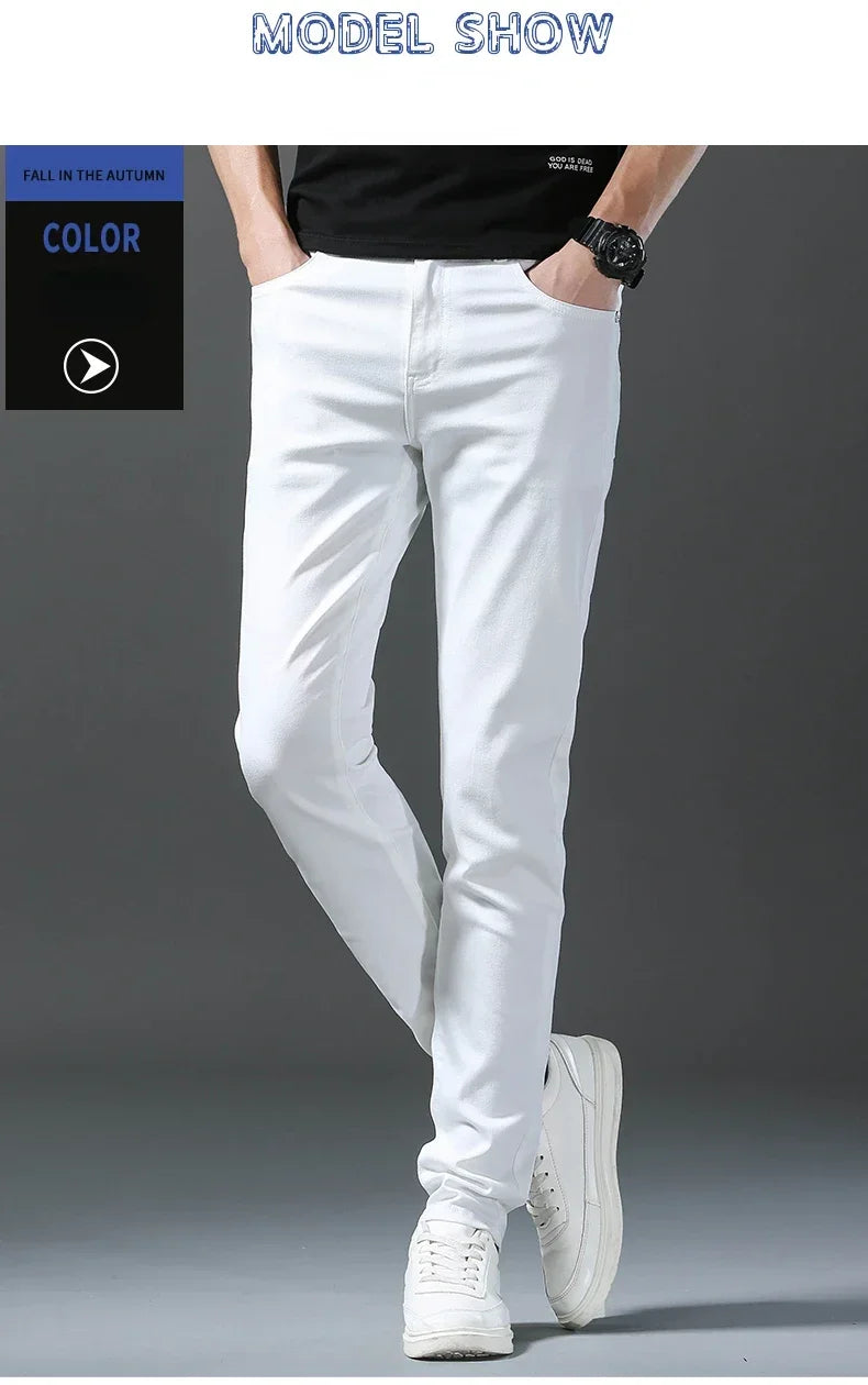 2026 Spring New Men Slim Jeans 98% Cotton White Stretch Straight Casual Fashion Pencil Pants High Quality Trousers Male Clothes
