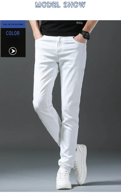 2026 Spring New Men Slim Jeans 98% Cotton White Stretch Straight Casual Fashion Pencil Pants High Quality Trousers Male Clothes